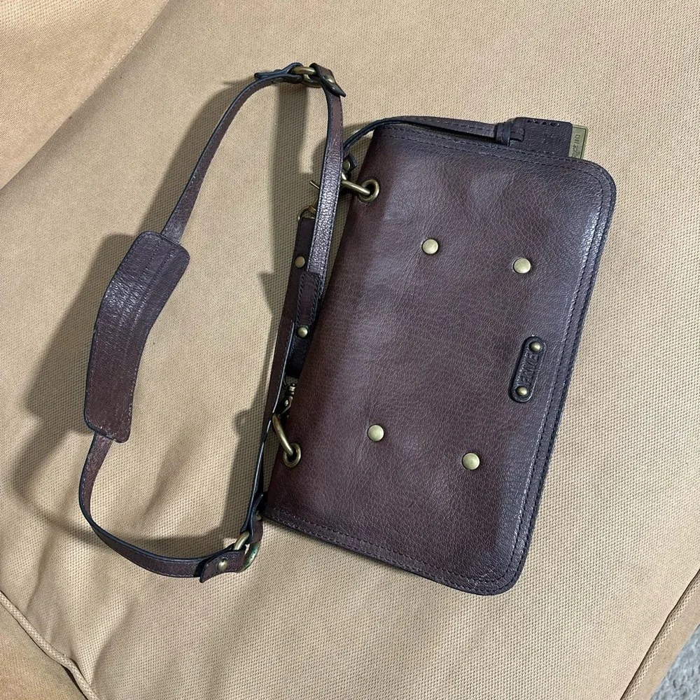 Frye Brown Leather Studded Crossbody Bag Boho Western Distressed Purse
